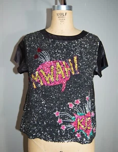 BNWT NICOLE MILLER Mixed Media Sequin "MWAH" "KISS" w Leather back Blouse Top M - Picture 1 of 7