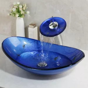 Bathroom Oval Vessel Sink Tempered Glass Washing Bowl Waterfall Faucet Mixer Tap - Picture 1 of 8