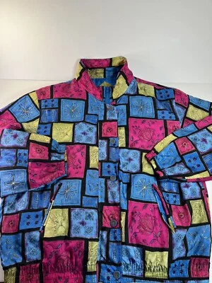 Vintage ColorBlock 100% Seda Zíper Completo Quebra-Vento Cervelle Feminino 2XL 54”c Excelente Estado Usado! - Imagem 1 de 4