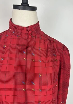Vintage 80s Secretary Blouse M Sheer Red Plaid Check Colorful Modern Art Retro  - Image 1 of 4