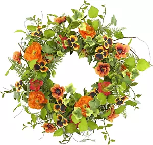 20 Inches Spring Wreath for Front Door Summer Wreath with Orange Poppy,Pansy Flo - Picture 1 of 12