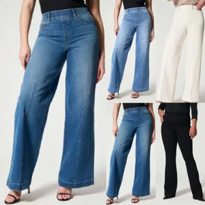 UK Ladies Stretch Elasticat Casual Pants Wide Leg Jeans Denim Trousers PLUS SIZE - Picture 1 of 18