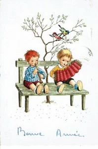 CPM carte postale Belgique-Bonne Année Deux enfants jouant de la musique  - Foto 1 di 2