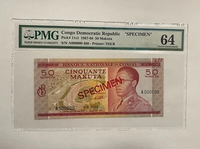 Congo 50 Makuta 1967-68 P-11a SPECIMEN Graded PMG 64 UNC - Image 1 of 2