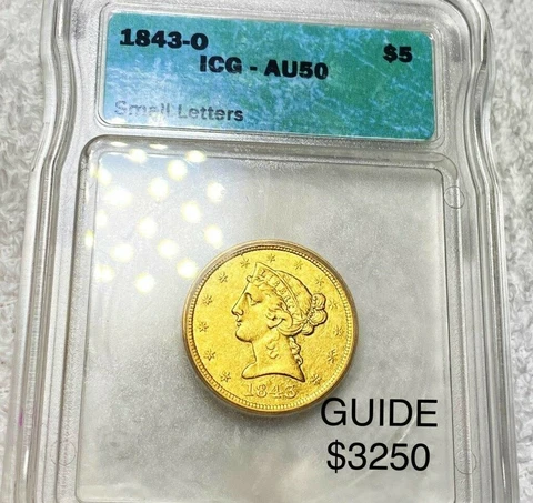 1843-O $5 Gold Half Eagle (small letters)  ICG AU50 Cover
