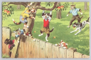 Alfred Mainzer Cats Postcard Dressed Cats Apple Orchard Dog Chase Comic 4867 Bel - Picture 1 of 3