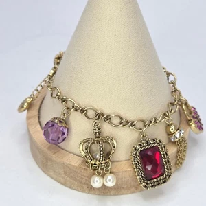 QVC Quacker Factory Gold Tone Charm Bracelet Crown Heart Gem Tassel - Picture 1 of 7