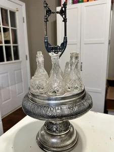 One Vintage Castor Cruet Condiment Set Silver Plate Stand 6 Etched Bottles - Picture 1 of 2