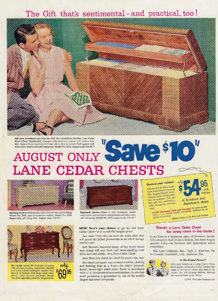 Anuncio impreso en cofre de cedro Lane anuncio de muebles publicitarios vintage Altavista VA 1951 Foto 1 de 1
