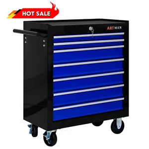 Black + Blue Tool Cart with Wheels, 7 Drawers Tool Storage Large Capacity - Picture 1 of 10