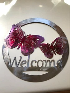 Butterfly Welcome Metal Wall Art Sign 12" x 12" Fuchsia Tinged - Picture 1 of 2