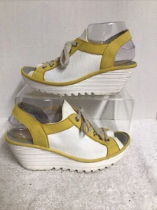 Fly London Sandals Women 8 EU 39 Yedu Wedge Yellow Slip On White Knit Lace up - Picture 1 of 11