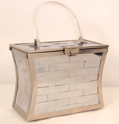 Bolso de mano/cartera de colección con canasta de metal tejido tono plata años 50 60 asa transparente para mujer Foto 1 de 4