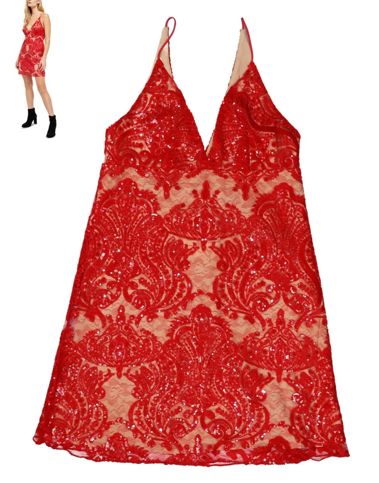 Vestido Free People Night Shimmers Encaje Lentejuelas Sin Mangas Cuello en V Mini Largo Nuevo con Etiquetas Foto 1 de 1