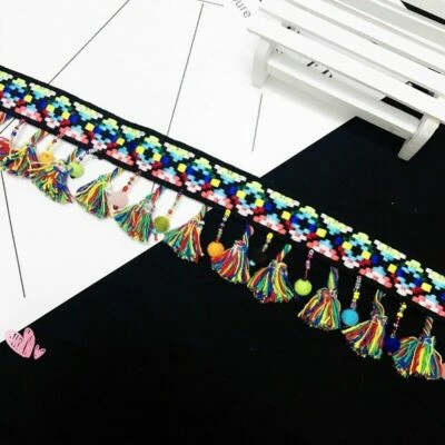 Tassel Fringe Ribbon Trimming Pom Edging Ethnic for Curtain Home Decor DIY - Image 1 of 4