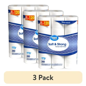 3 Pack, Great Value Soft & Strong Premium Toilet Paper, 30 Mega Rolls, 380 Sheet - Picture 1 of 5