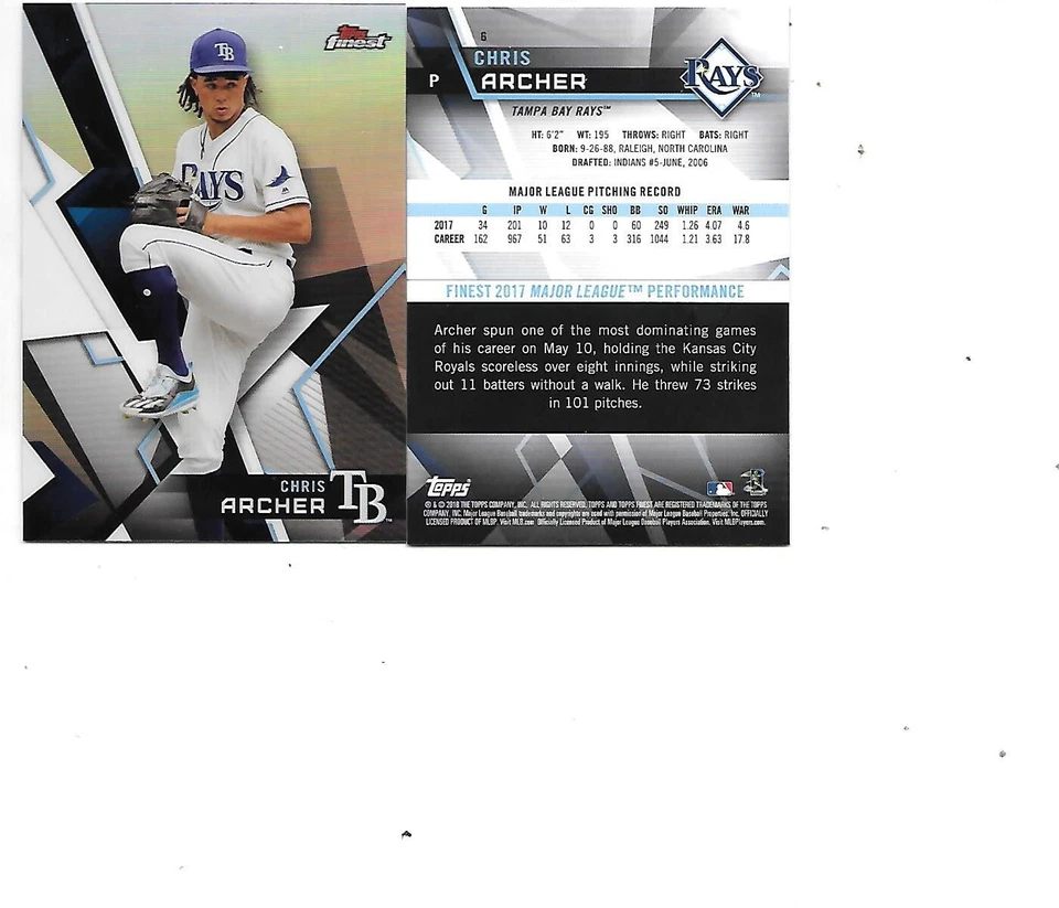 Chris Archer 2018 Topps Finest Baseball Card #6  Lot of 2 Tampa Bay Rays - Image 1 of 1