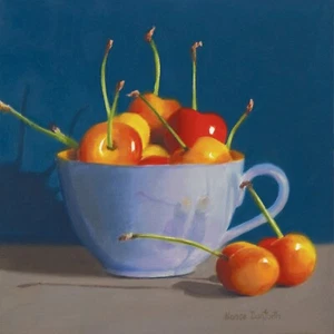 DANFORTH Cup of Cherries on Blue, 6x6 still life original realism oil painting - Picture 1 of 5