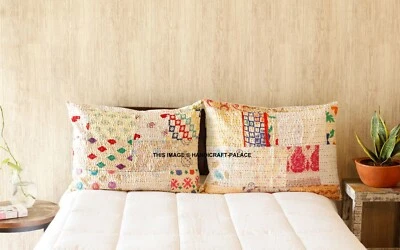 2 PC Vintage Silk Kantha Cushion Cover Bed Throw Pillow Case Patchwork Pillows - Image 1 of 3
