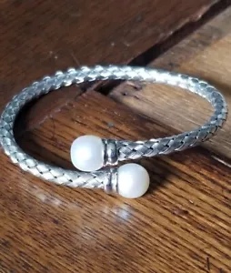Ross Simons Sterling silver cultured white pearl bangle bypass braided bracelet - Picture 1 of 14