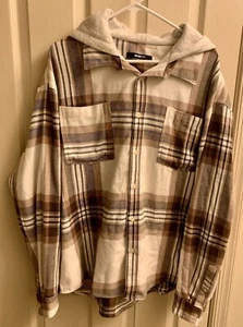 Fashion Nova Herren Hoodie Flanell kariert weiß braun hellbraun blau Baumwolle Gr. M - Bild 1 von 5