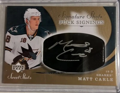 2007-08 Upper Deck Sweet Shot Signature Shots Puck Signings Matt Carle Auto - Image 1 of 2