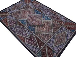 Black Indian Wall Hanging Kundan Decorative Huge Tapestry Textile Handmade 88"