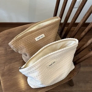 Woven Fabric Cosmetic Bag Solid Color Storage Bag Portable Makeup Bag Outdoor - Picture 1 of 12