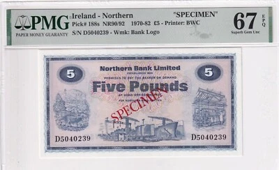 Ireland- Northern, 5 Pounds, 1970-82, UNC, p188s, SPECIMEN - Image 1 of 2