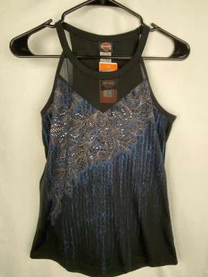 Camiseta sin mangas Harley Davidson XS negra azul mallada gráfica malla brillante nueva con etiquetas Foto 1 de 4