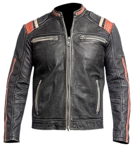Men's Vintage Motorcycle Cafe Racer Biker Retro Moto Distressed Leather Jacket - Picture 1 of 4