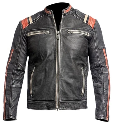 Men's Vintage Motorcycle Cafe Racer Biker Retro Moto Distressed Leather Jacket - Image 1 of 4