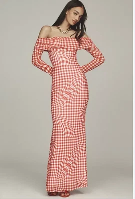 NUEVO CON ETIQUETAS AFRM Maxi Vestido Manga Larga Fuera del Hombro Malla Talla S Rojo Cuadros #8E512 Foto 1 de 4