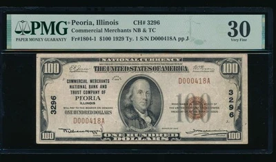 AC 1929 $100 Commercial Merchants NB&TC of Peoria, Illinois Ch #3296 PMG 30 - Image 1 of 2