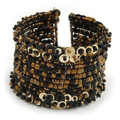 Bohemian Beaded Cuff Bangle with Sequin (Black/ Bronze/ Gold) - Adjustable - Image 1 of 4