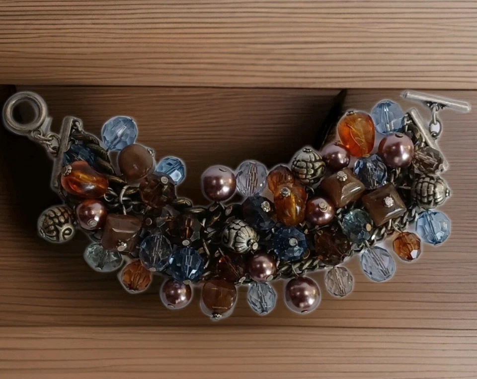 "Pulsera Chicos Gruesa Mulit-piedra Tonos Tierra Ámbar y Azul Cuentas Palanca 7""-8,5""" Foto 1 de 4