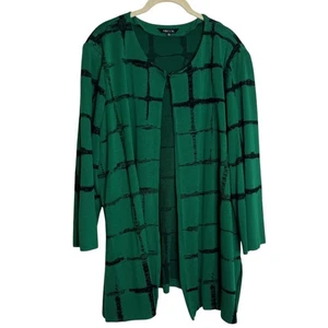 Misook Womens Vintage Sweater Jacket 2X Green Black Windowpane Open Front Korea - Picture 1 of 7