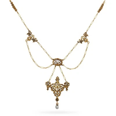 Antique Victorian 19k Yellow Gold Natural Seed Pearl Festoon Necklace - Image 1 of 4