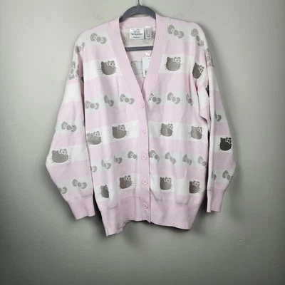 Hello Kitty X Forever 21 sz M  Pink White Striped Button-Up Cardigan oversized - Image 1 of 4