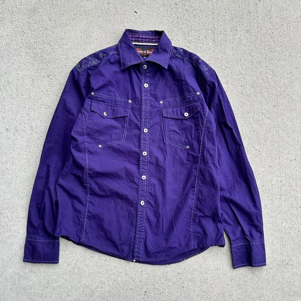 Y2K House Of Lords Grunge Emo 长袖纽扣衬衫交叉尺寸 S 紫色 — 第 1/4 张图片