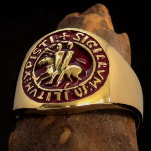 ROUND MENS BRASS COSTUME RING TEMPLAR KNIGHT SEAL SYMBOL RED SIZE 5 - Picture 1 of 6