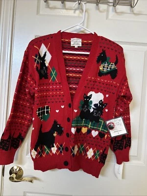 Vintage 1992 Susan Bristol Christmas Cardigan Sweater Puppies Scottie Terrier - Image 1 of 4