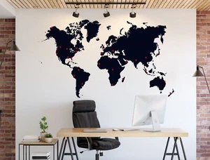 Office World Map Vinyl Wall Decal with Location Pin Drops. Bedroom Wall Map #873 - Picture 1 of 16