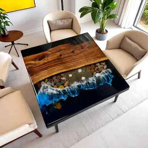 Square Ocean Wave Epoxy Resin Coffee Table Top Handmade Center Sofa Furniture - Picture 1 of 9