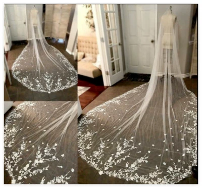 Velo de boda longitud catedral con peine apliques velo de novia encaje floral flor Foto 1 de 4