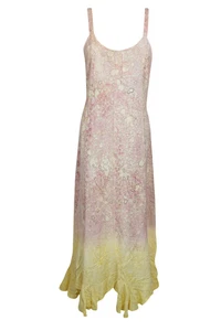 Pink Tie Dye Maxi Dress Enzyme Wash Rayon Embroidered Tie Back Scoop Neck Dress