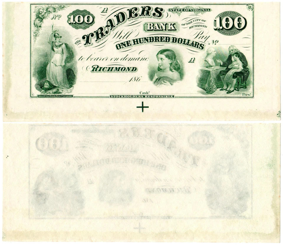 US Virginia Richmond $100 VA195G10 (1860s) Traders Bank **Uncut** UNC - Image 1 of 1