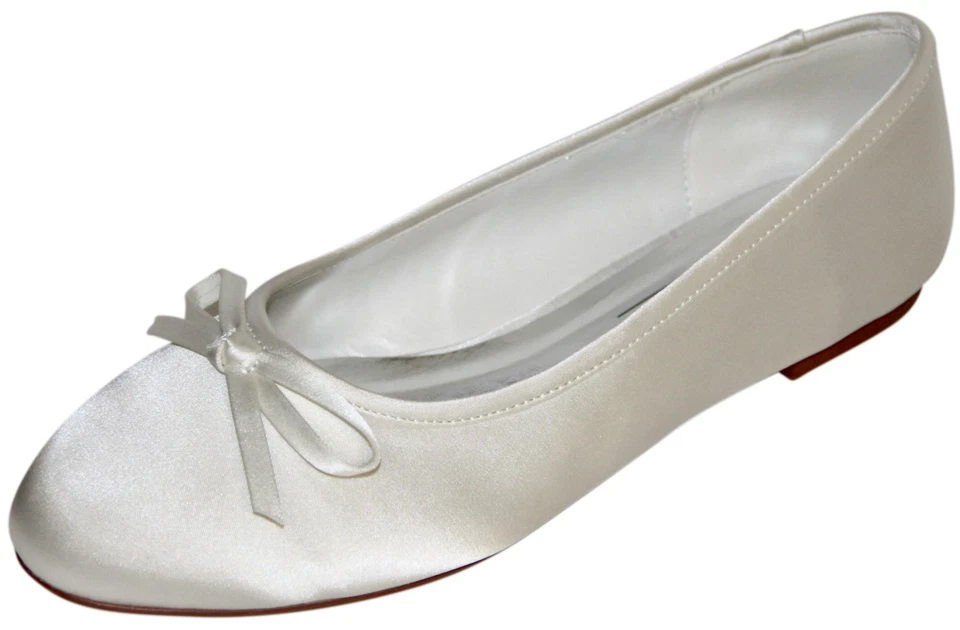HBH flache Ballerinas Satin Brautschuhe, Runde Zehen mit einer Schleife verziert - Bild 1 von 1