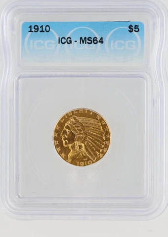 1910 Half Eagle ICG MS64 $5 Philadelphia Minted Indian Head Gold Coin Old Green Cover