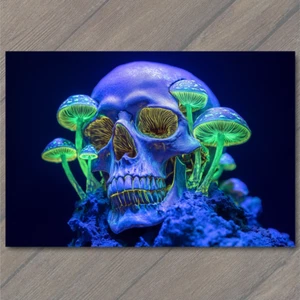 POSTCARD Skull With Blue Green Neon Mushrooms Dark Forest Surreal Spooky Emo - Zdjęcie 1 z 1
